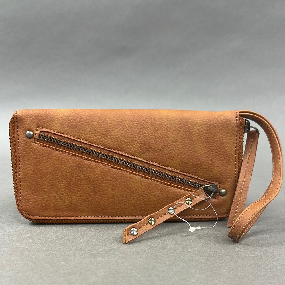 Free People Brown Vegan Leather Wristlet with Zipper Detail